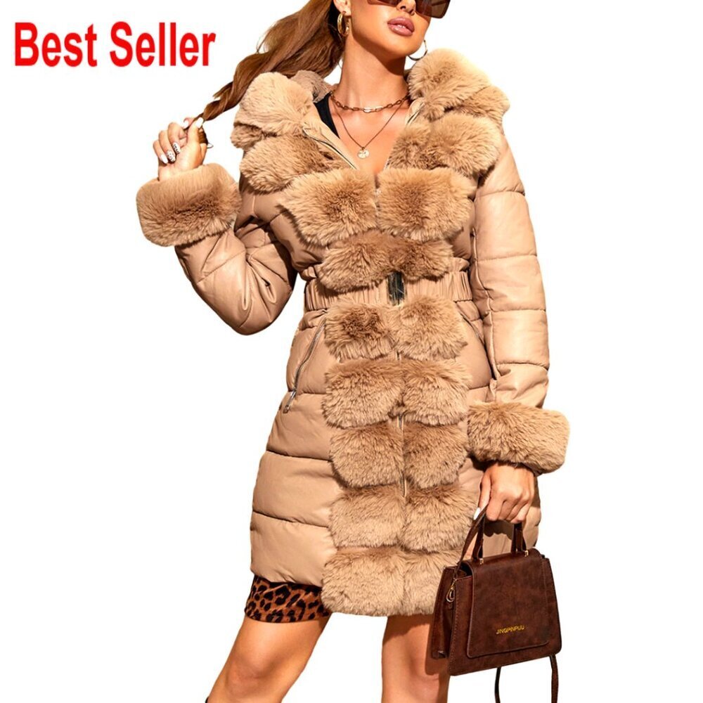 Faux Leather Puffer Jacket with Fur Hood Water-Resistant Belted Coat